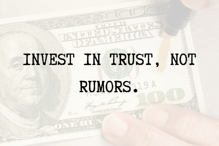 Close-up of a counterfeit detector pen marking a U.S. hundred-dollar bill with the words ‘Invest in trust, not rumors.’ overlayed.