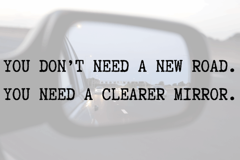 Close-up of rearview mirrors reflecting highway, symbolizing life reflection and blind spots