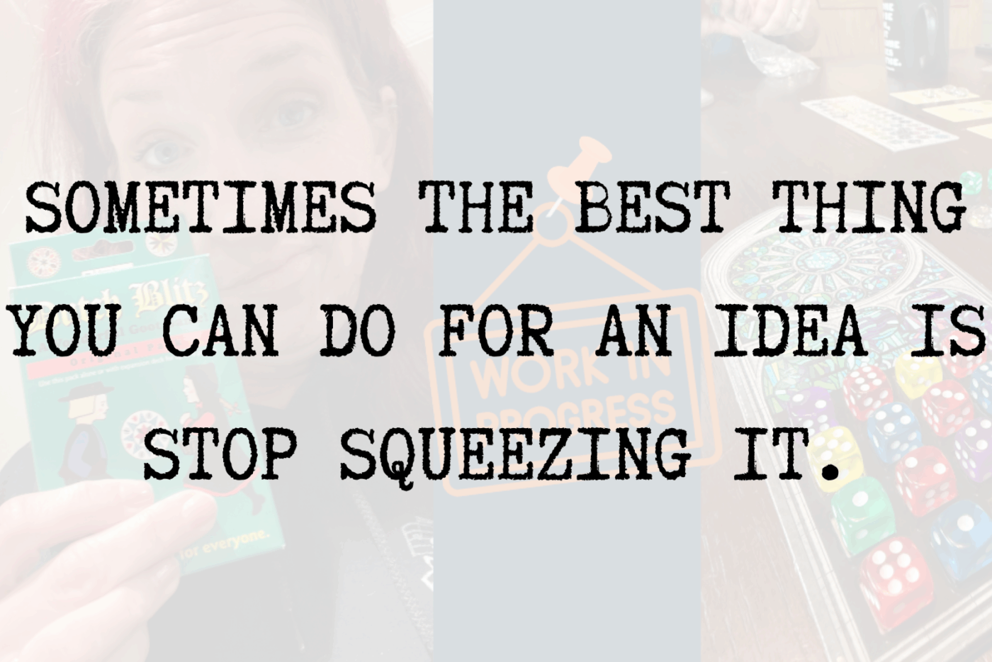 Dutch Blitz cards scattered on table with text about creative process and partnership